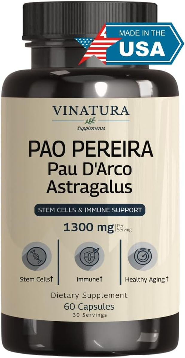 Pao Pereira + PAU D'Arco, Astragalus - 1300MG Serving, USA Made & Tested,  Stem C