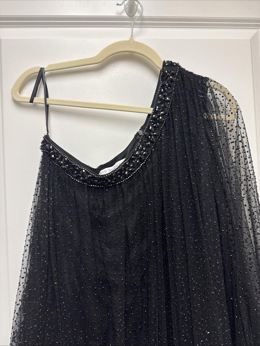 Mac Duggal Size 8 Black One Shoulder Embellished Tulle Mini