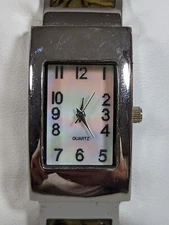 White Pearlized Dial Silver Tone Rectangle Case Abalone Hinge Open Cuff Watch