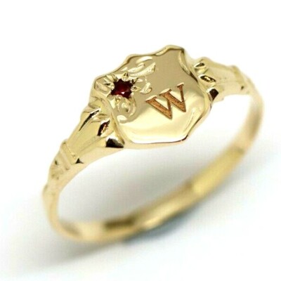 Size O1/2 9ct Small Yellow Gold Ruby Shield Signet Ring + engraving of 1 initial
