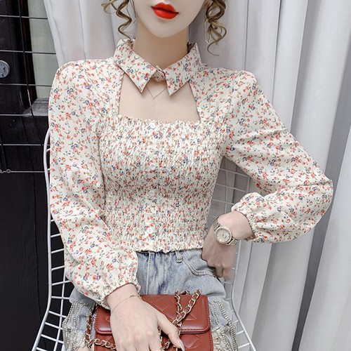 Women Floral Shirt Blouse Top Long Puff Sleeve Hollow Out Button Slim Casual - Picture 13 of 15