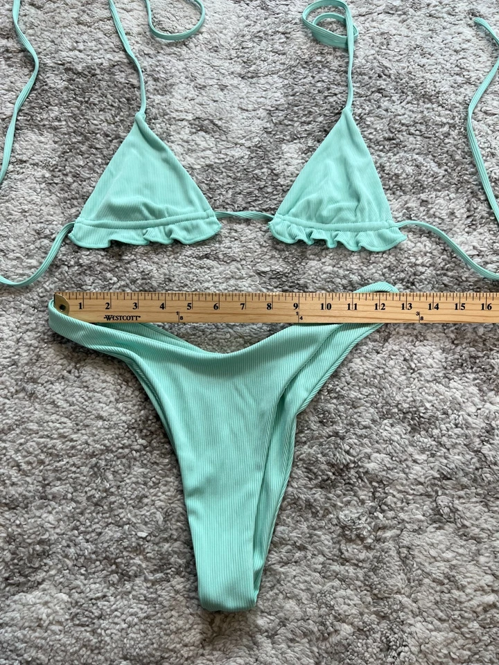 Traje de baño bikini de dos piezas con volantes para mujer talla 26 verde azulado claro elástico autocorbata Foto 4 de 4
