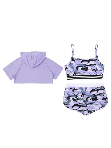 Girls 3 Piece Tracksuit Short Sleeve Hoodies Crop Tank Top Shorts Outfit Workout - Picture 22 of 25