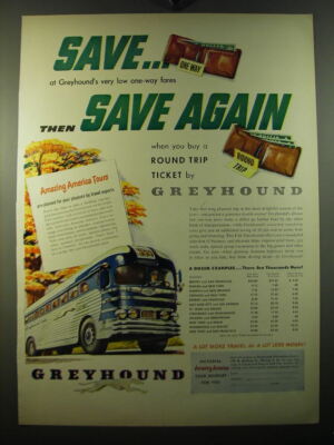 1950 Greyhound Buses Ad - Save.. At Greyhound's very low one-way fares