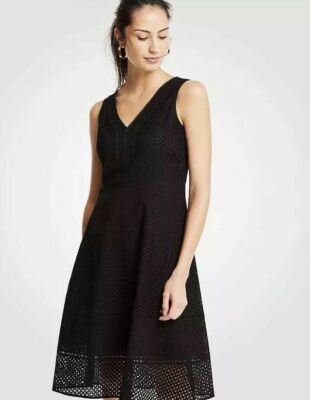Ann Taylor Size Black Mixed Eyelet Fit and Flare Midi Dress