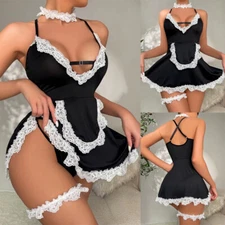 Sexy Cosplay Lingerie Set for Women Maid Nightdress Lace Slip Sleepwear G-string