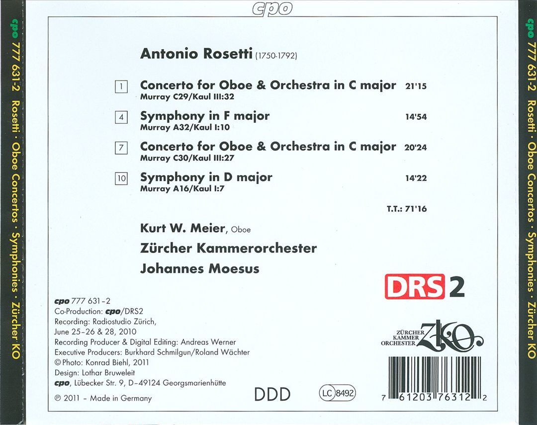 KURT W. MEIER ROSETTI OBOE CONCERTOS; SYMPHONIES NEW CD 761203763122