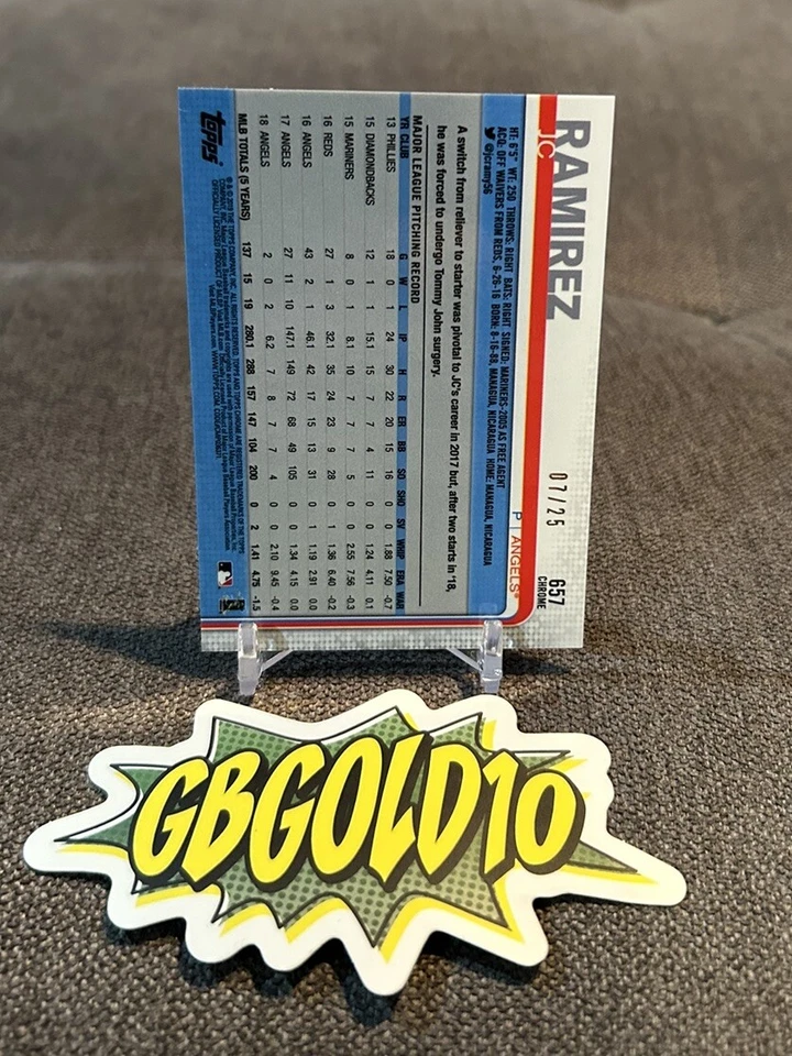 JC Ramirez 2019 Topps Bowman Chrome Sapphire Orange Refractor /25 - Image 2 of 3