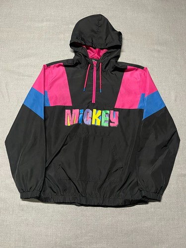 Disney Mickey Mouse Jacket Adult Large Black 1/4 Zip Retro Windbreaker Faded - Picture 2 of 13