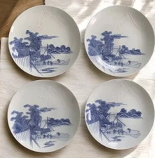 Antique Japanese Hirado Ware Landscape Plates Mount Fuji Lot Of 4