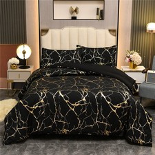 Gold Metallic Marble Comforter Set Queen Size Foil Print Glitter Bedding