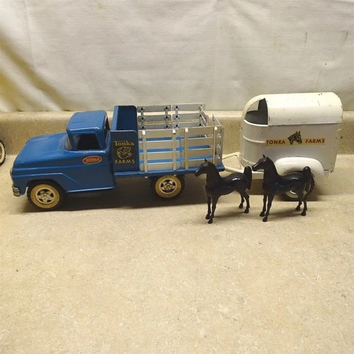 Vintage Tonka Farms Stake Truck With Horse Trailer, Blue-White, Nice Shape, 63