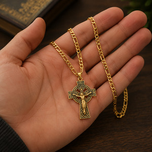 Authentic Gold Plated Sterling Silver Celtic Crucifix Pendant With 24" Figaro Chain