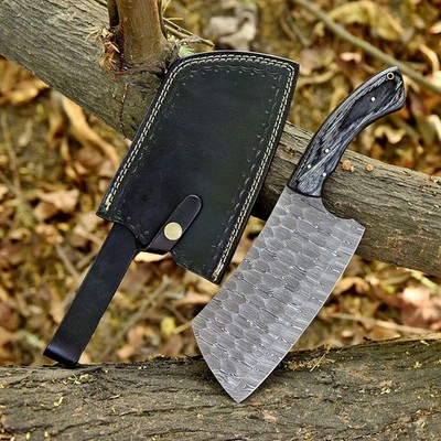 CUSTOM HAND MADE FORGED DAMASCUS STEEL CLEAVER MEAT CHOPPER BUTCHER KNIFE+Sheath