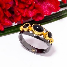 Black Onyx Black And Gold Plated 925 Sterling Silver Ring s.8 Sk8 Christmas Gift