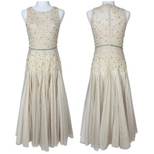 Mac Duggal NWT Embellished Boat Neck Flared Skirt Midi Dress Size 4 Rhinestone 