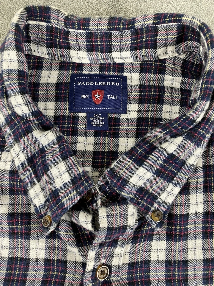 Saddlebred Men’s Big Tall Button Up Shirt 3XLT Blue White Flannel Plaid C18 - Image 3 of 4