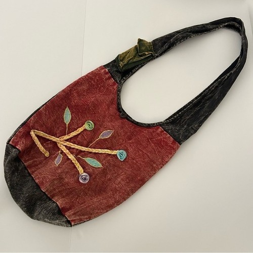 Slouchy Bohemian Shoulder Crossbody Stonewashed Cotton Crafted Red Black Bag - Picture 2 of 14