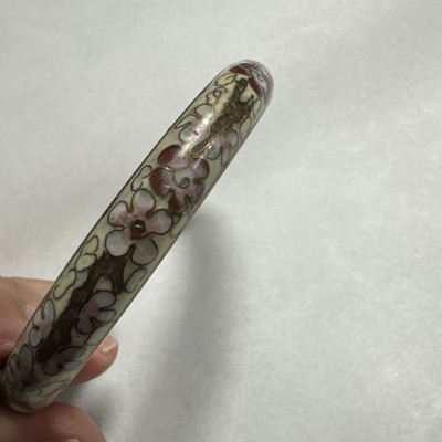 VINTAGE BANGLE BRACELET Cloisonné Tan w/ Pink & Reddish Flowers 