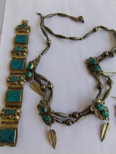 Vintage Southwest Halskette Ohrringe Armband Set Türkis Blau Alpaka - Bild 3 von 13