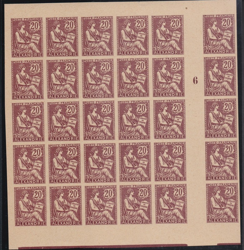 France Alexandrie 20c Mouchon IMPERF Block of 30 Millesime 6 Yvert 26a Unique