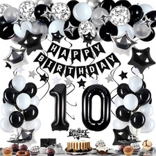 10th Birthday Decorations for Boy Girl, Black White and Silver Happy 10 Party...