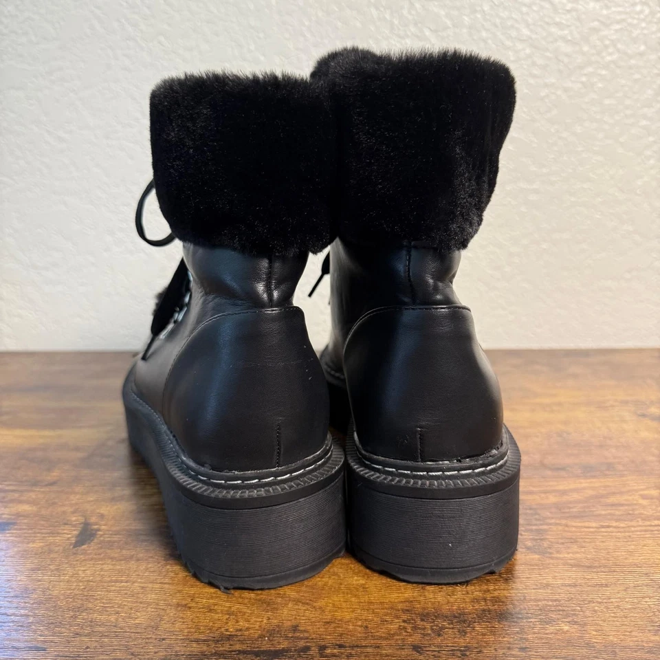 Nicole Miller Leather Combat Lace Up Boots Faux Fur Women's Mid Calf Sz. 9 - Image 3 of 4
