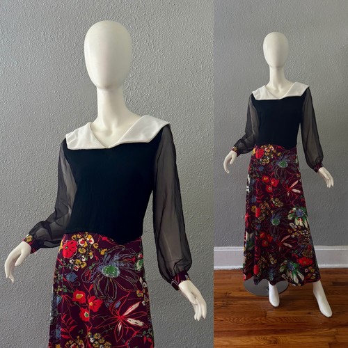 Vintage 70s Black Sheer Poet Sleeve Floral Hippie Boho Maxi Dress M/L - Image 1