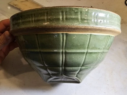 Antique Mccoy 9" Inch Window Pane Green Bowl With Some Hairline Cracking