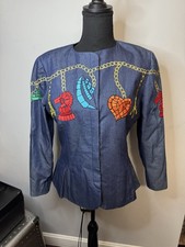 Vintage Silk Cotton Denim Embroidered Jacket Blazer Size 8