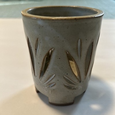 2003 Studio Pottery 4  Luminary Votive Candle Holder With Leaf Cut Outs
