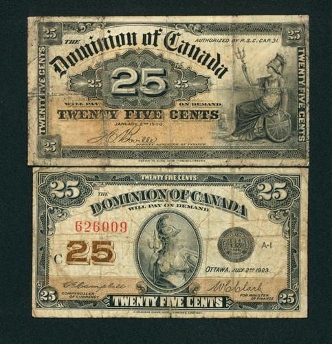 ((TWO NOTES)) 1923 / 1900 25 cents Dominion of Canada ** PAPER CURRENCY