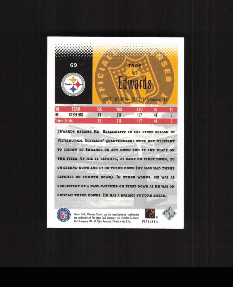 2000 Upper Deck Ultimate Victory #69 Troy Edwards Football Card Steelers - Image 2 of 2