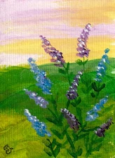 ACEO Original Acrylic Painting Flowers Lupin Blue Purple signed by CS Jackson