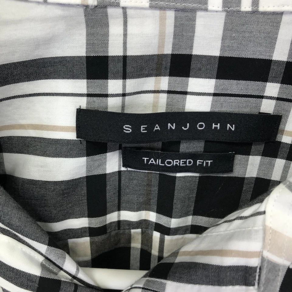 Sean John Shirt Mens 16 34/35 Black Gray White Plaid Button Down Tailored Fit - Image 4 of 4