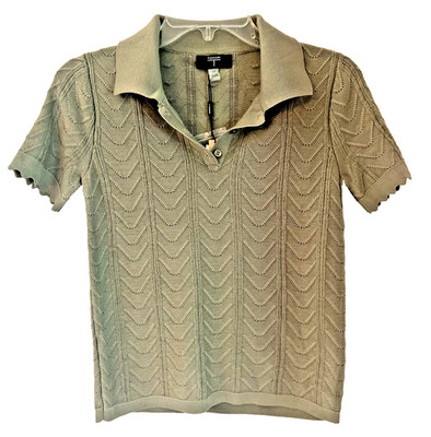 Tahari Ladies Top Collared Short Sleeve Knitted Pattern Olive Green Size S
