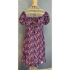 Shein Floral Babydoll Dress Womens L Pink Purple Puff Sleeve Ruffle Hem Milkmaid