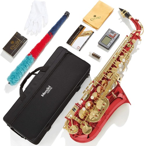 Mendini By Cecilio MAS-RL+92D+PB Eb Alto Saxophone- Case, Tuner, Mouthpiece, Red