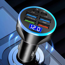 250W 6 Port Car Charger PD QC3.0 Fast Charge Cigarette Lighter LED