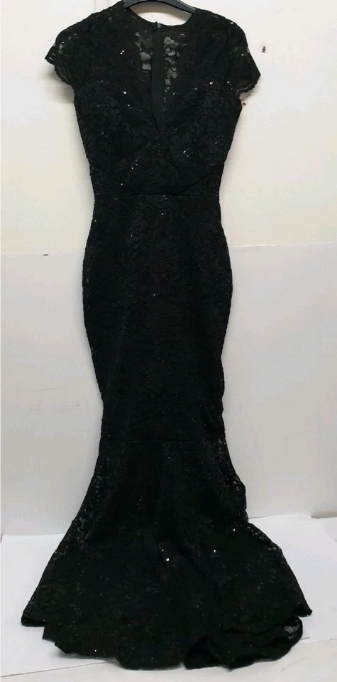 KENNEDY BLACK V NECK SEQUIN LACE FISHTAIL MAXI DRESS Womens REF CL5 - Image 3 of 4