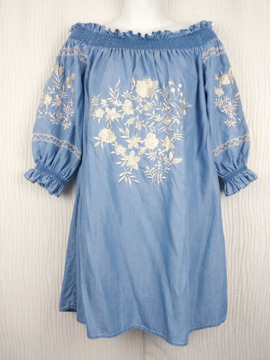 zara off the shoulder embroidered dress Zara Bardot Off Shoulder Dress Sz Small Blue Floral Embroidered ASO Alexis  Rose