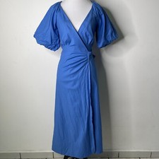 Reformation Women's Blue Cotton Puff Short Sleeve V-Neck Wrap Dress Size XS