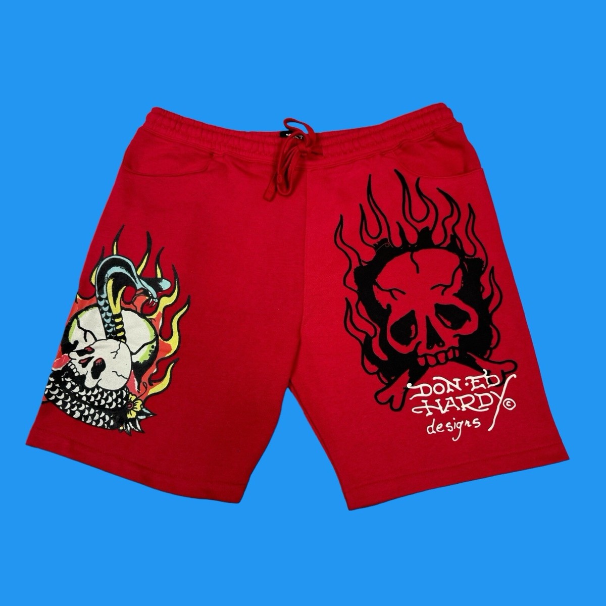 Ed Hardy Mens Size XL Graphic Skull Dragon Tattoo Fleece Red Sweat