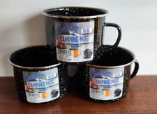 Set Of 3 Dependable 16 Oz Outdoor Enameled Black Camping Mugs Coffee Tea NEW