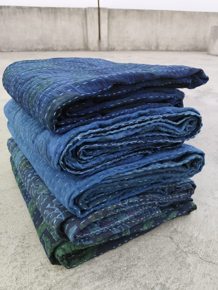 Джайпури натуральный индиго окрашенный хлопок kantha бросить винтажный двусторонний одеяло лоскутное одеяло - Изображение 3 из 4