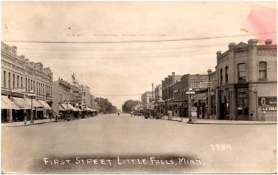 First Street in Little Falls Minnesota Cars & Shops 1920s RPPC Postcard Photo