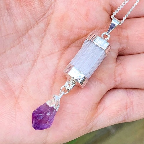 Selenite Amethyst Chakra Crystal Pendant CHARGED 925 Sterling Silver Necklace He - Picture 6 of 10
