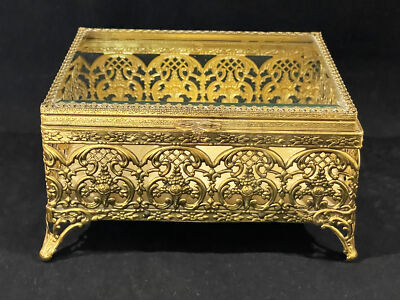 Vintage FILIGREE ORMOLU BEVELED GLASS JEWELRY CASKET BOX - 5 3/8'' X 6 1/2''