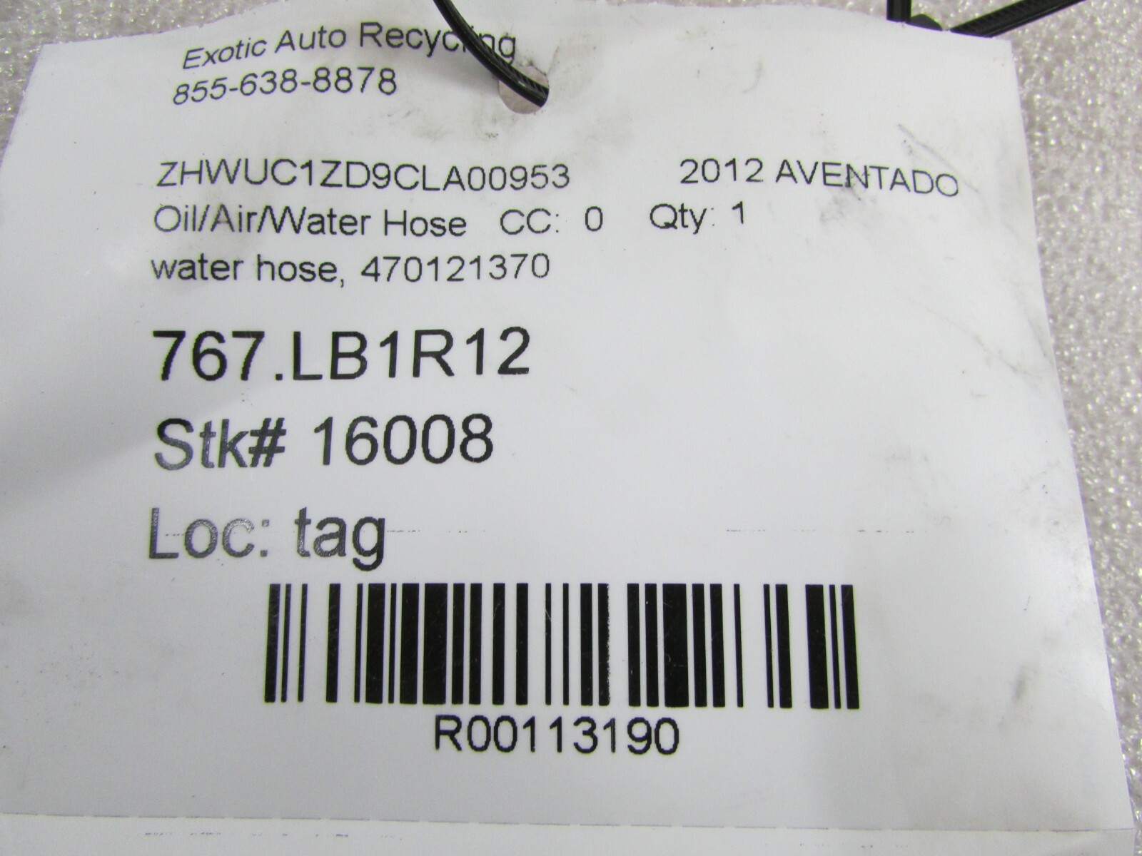 Lamborghini Aventador, Water Pump Heater Hose, Used, P/N 470819370