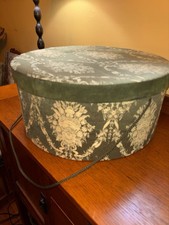Vintage Tri-Coastal Design Hat Box Green Floral Damask Velvet Trim Victorian